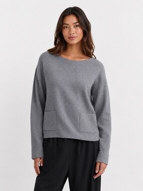 LOFT Charcoal Heather Boatneck Pocket Sweater | Size Small Petite